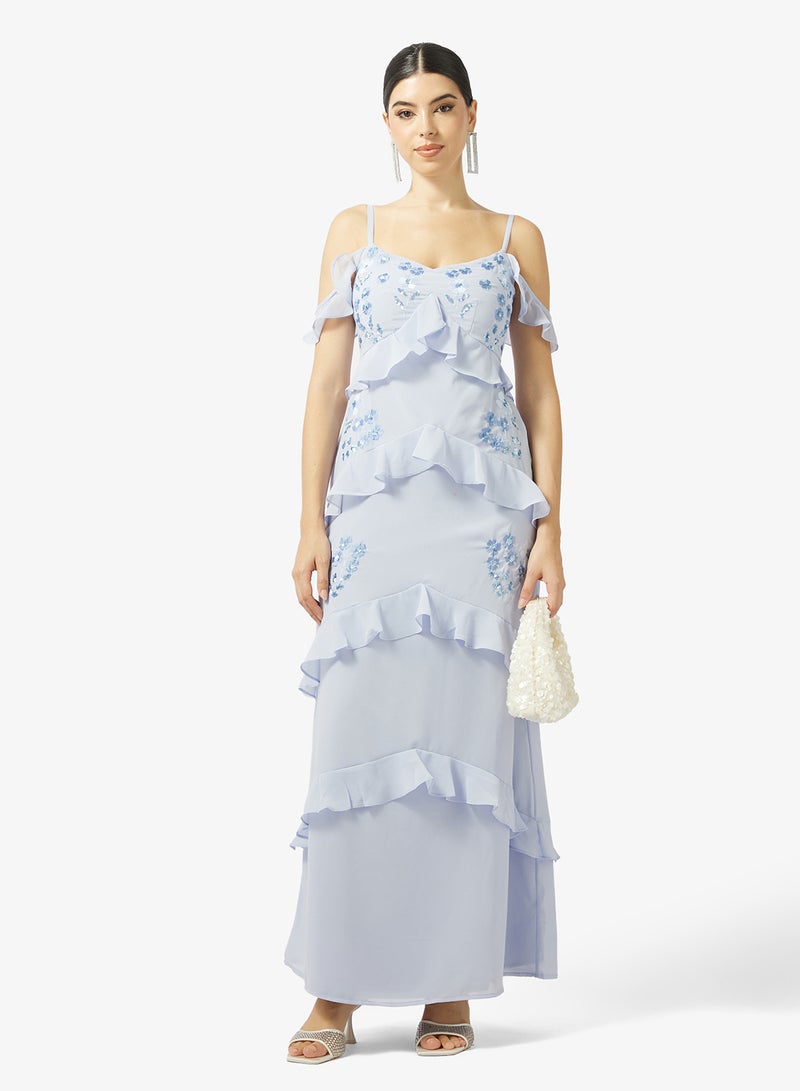 مايا فستان ماكسي مطرز بكتف مكشوف وكشكشة - Image 4