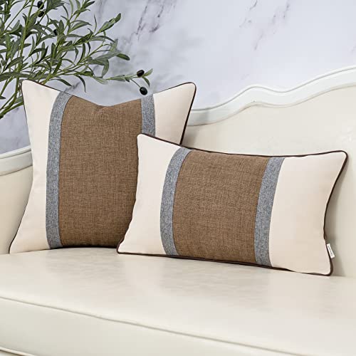 Yangest Patchwork Pillow Cover 20x20 Inch Luxury Cotton and Linen Cushion Cover Square Pillowcover for Couch Bedroom Living Room, Brown - Image 5