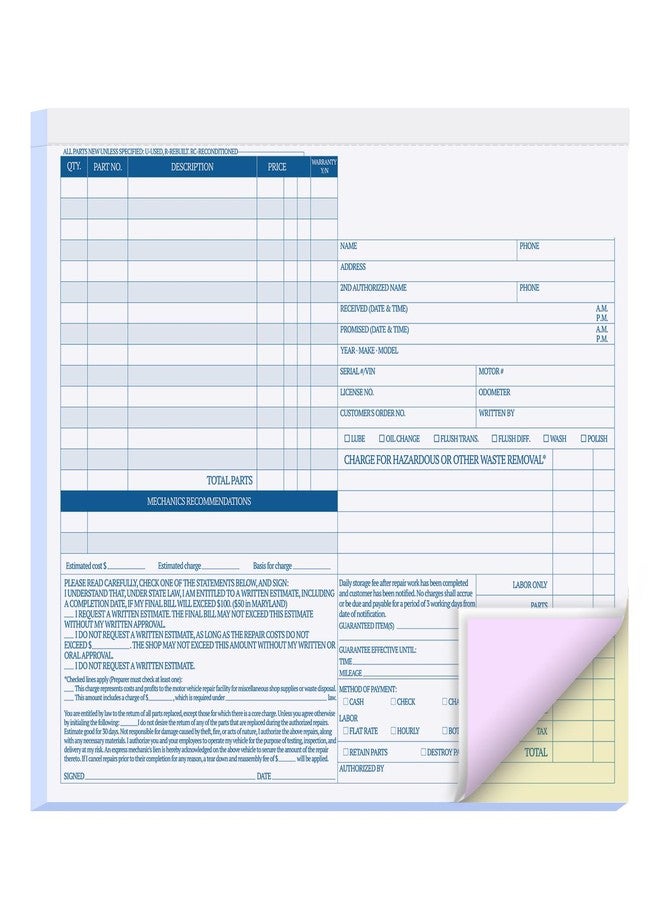 suituts Auto Repair Invoice Book, 50 Sets, 3 Part, 8.5X7.44 Inch, GT3870 - Image 1