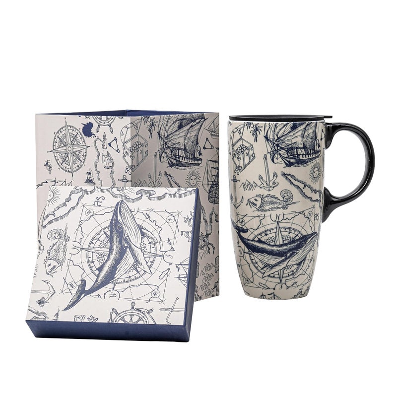 Topadorn Ceramic Coffee Mug Travel Cup Gift with Lid 17oz Porcelain Tall Tea Cup with Handle for Home Office Ocean Art Pattern Mug in Gift Box 65H