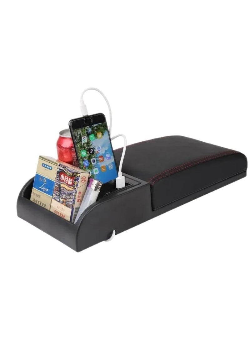 صندوق مسند ذراع السيارة قابل للنفخ، وسائد وسادة مسند ذراع تلقائية متعددة الوظائف مع لوحة قابلة للسحب، منفذ شحن USB، شبكة تخزين حامل أكواب تناسب معظم السيارات - Image 1