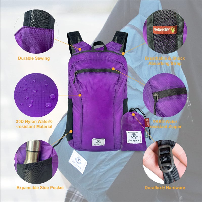 4Monster Hiking Daypack,Water Resistant Lightweight Packable Backpack for Travel Camping Outdoor (Purple, 24L) - Image 2