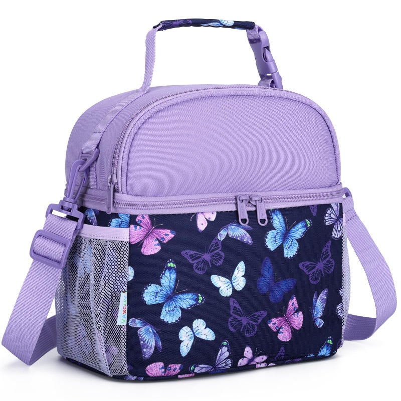 VASCHY Lunch Box Bag for Kids Insulated Double Compartments Cooler Lunch Tote for Toddlers Girls SchoolDaycarePicnic Purple Butterfly