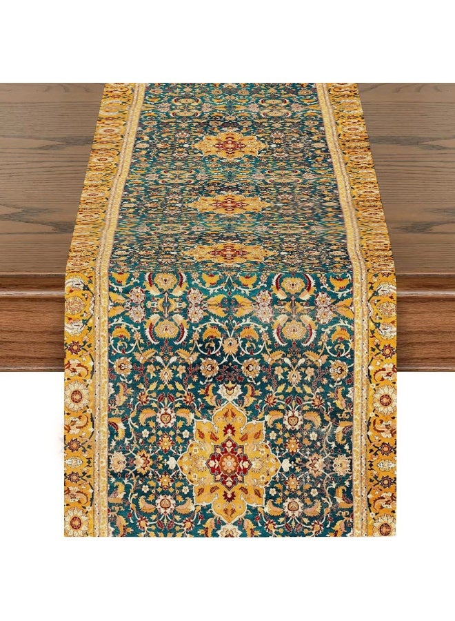 مفرش طاولة أصفر وأخضر على الطراز الفارسي، مقاس 33×180 سم، غطاء طاولة من الكتان بنمط عرقي لديكور الطعام