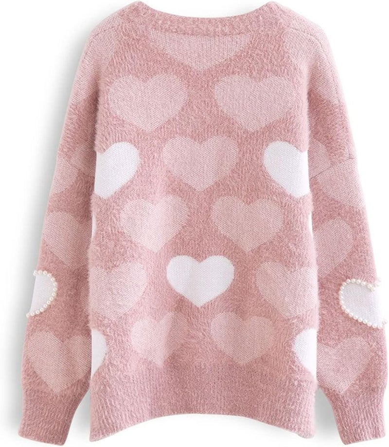 Comulish Women's Cute Heart Cardigan Sweaters Love Print Valentin's Day Sweater Button Up Front Oversized Knit Top (Pearl Pink, M) - Image 4