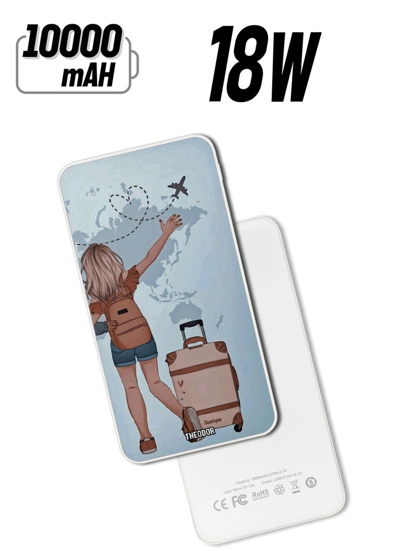 Theodor 10,000 mAh Super Fast Charging Ultra Compact Power Bank with Quick Charge & Power Delivery, Portable Charger For iPhone and Android Travel Girl - Image 1