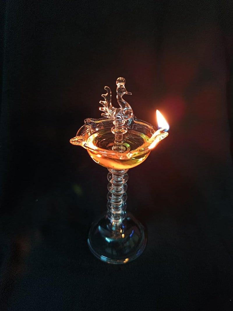 Elegant Peacock Ring Glass Samai Traditional Oil lamp Nilavilakku Diya Kuthu Samai Samay Diya Diyas for PoojaAuspicious ocassions Religious and Spiritual Items Gift Items Height 55 inch - Image 2