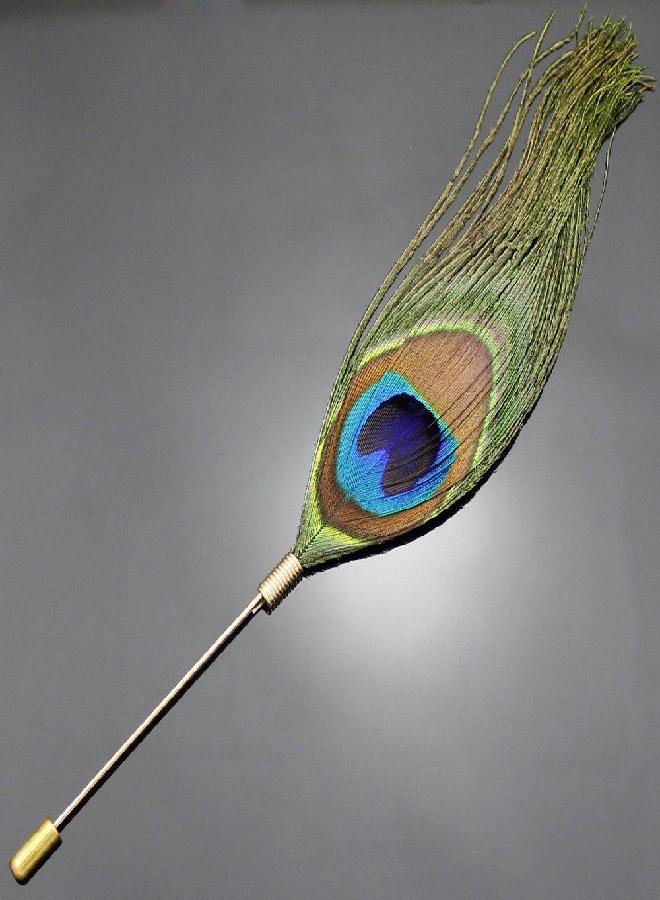 Q&Q Fashion Q&Q Fashion Fab Faux Peacock Feather Plume Boutonniere Gold Lapel Brooch Tie Hat Scarf Stick Pin  - Image 1