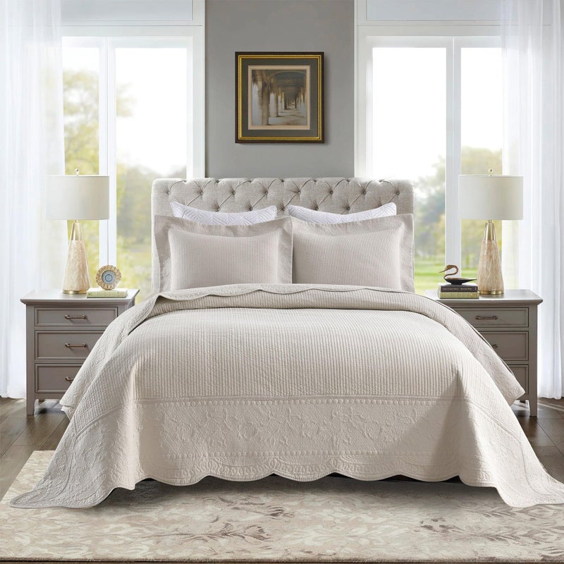 MarCielo 3-Piece 100% Cotton Oversized Bedspread Lightweight Quilt Coverlet Embroidery Farmhouse Bedding Set (TG Light Yellow Beige, Oversized King (118"x106")) - Image 1