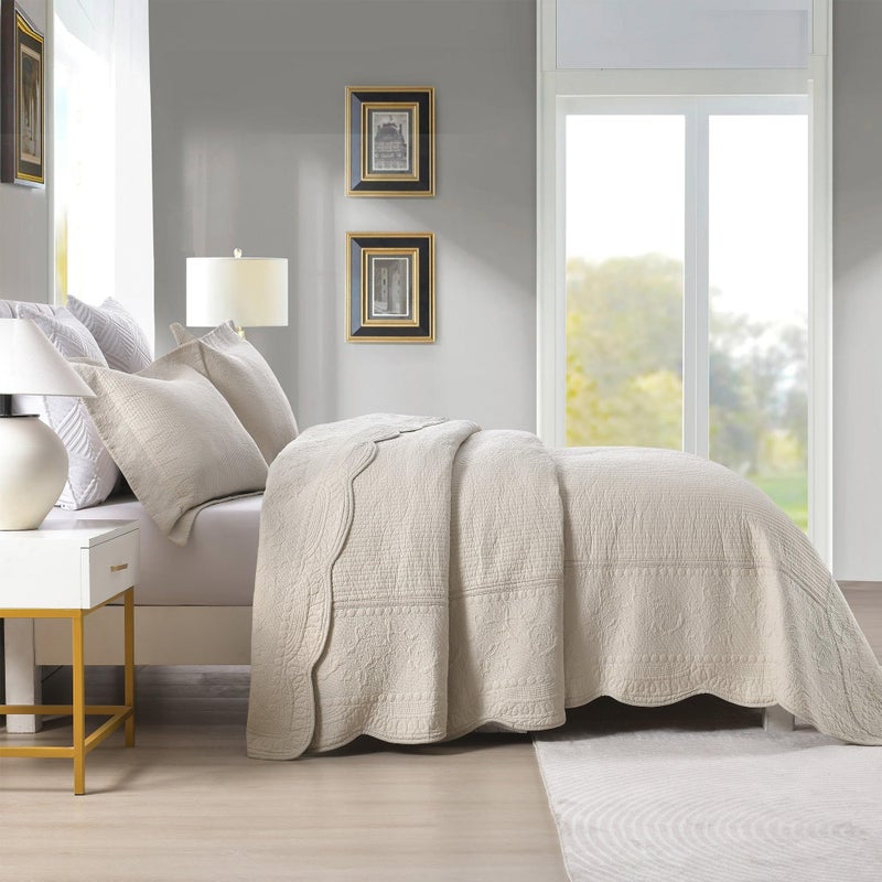 MarCielo 3-Piece 100% Cotton Oversized Bedspread Lightweight Quilt Coverlet Embroidery Farmhouse Bedding Set (TG Light Yellow Beige, Oversized King (118"x106")) - Image 3