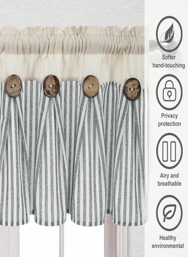 BLEUM CADE Cotton Linen Farmhouse Kitchen Valance Curtains Boho Rustic Button Valances Natural/Sage Green Stripe Color Block Window Valances Rod Pocket Small Window Curtain for Cafe Bathroom Bedroom Drapes - Image 5