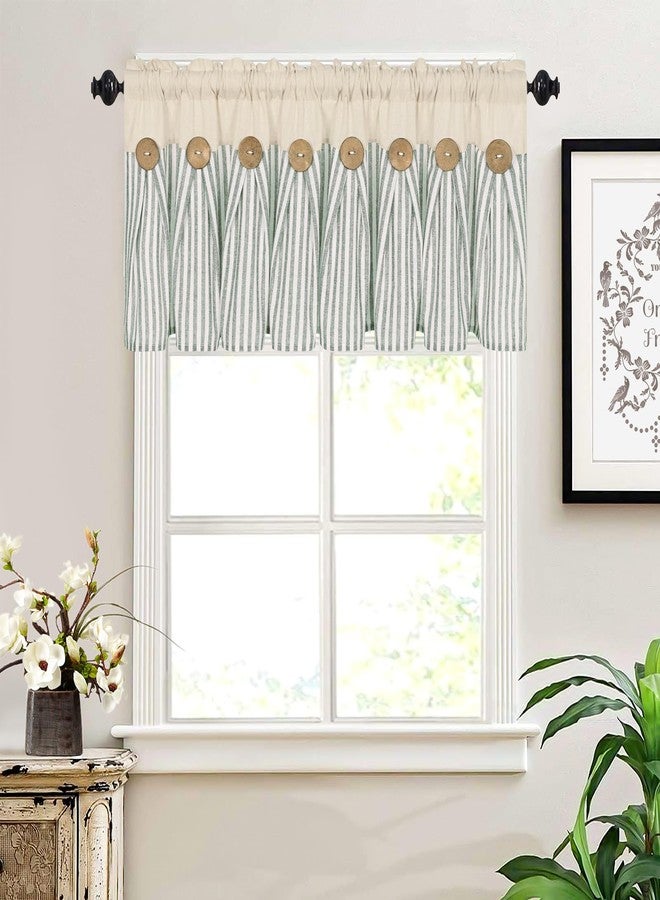 BLEUM CADE Cotton Linen Farmhouse Kitchen Valance Curtains Boho Rustic Button Valances Natural/Sage Green Stripe Color Block Window Valances Rod Pocket Small Window Curtain for Cafe Bathroom Bedroom Drapes - Image 2
