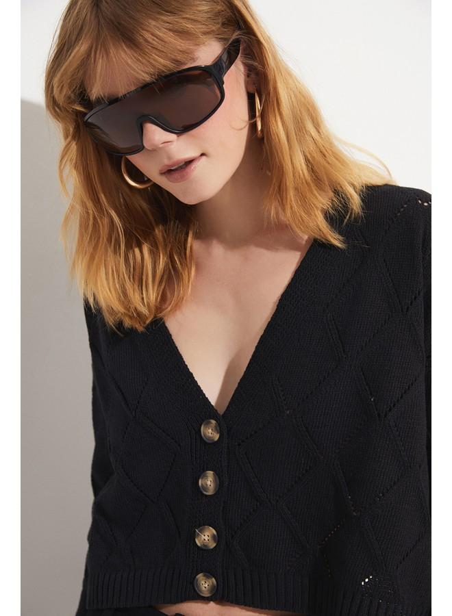 June Lacy V-Neck Crop Cardigan Black - Image 3
