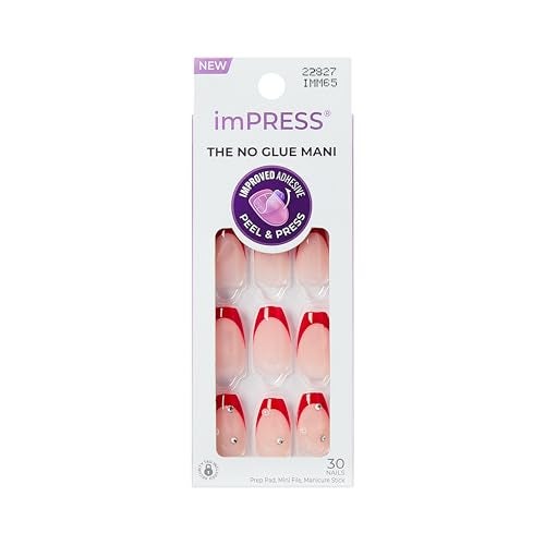 Impress Kiss Impress No Glue Mani Press On Nails Design Happy World Red Medium Size Coffin Shape Includes 30 Nails Prep Pad Instructions Sheet 1 Manicure Stick 1 Mini File - Image 1