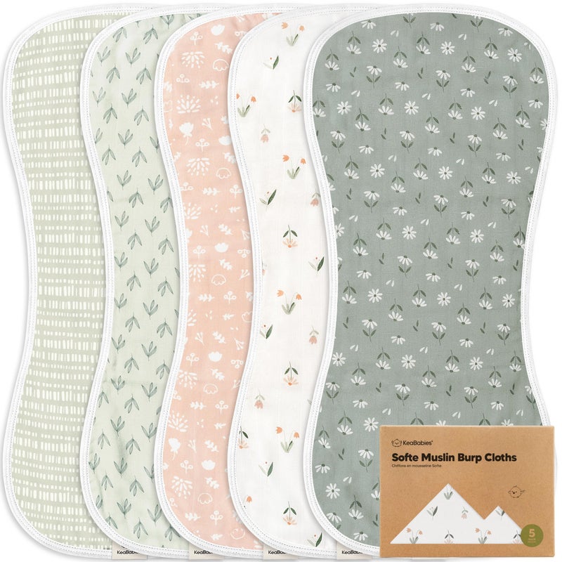 KeaBabies 5-Pack Muslin Burp Cloths Baby Boy, Girl - Very Absorbent Baby Burp Cloth Rags, 8-Layers Viscose Derived from Bamboo Cotton Muslin Towel, Super Soft Spit Up Rags, No Shrink Washcloths (Fleur) - Image 1