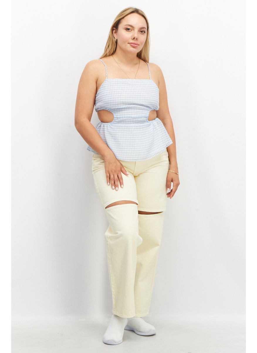 SkyLar Rose - Women Square Neck Spaghetti Sleeve Gingham Pattern Top, White - Image 1