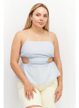 Women Square Neck Spaghetti Sleeve Gingham Pattern Top, White