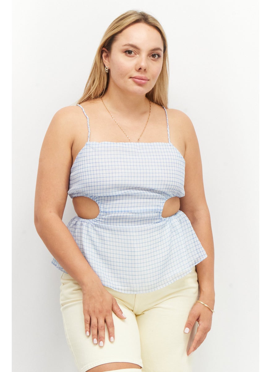 SkyLar Rose - Women Square Neck Spaghetti Sleeve Gingham Pattern Top, White - Image 1