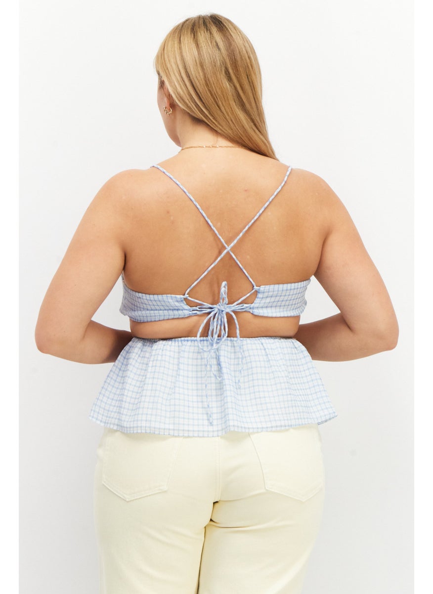 SkyLar Rose - Women Square Neck Spaghetti Sleeve Gingham Pattern Top, White - Image 1