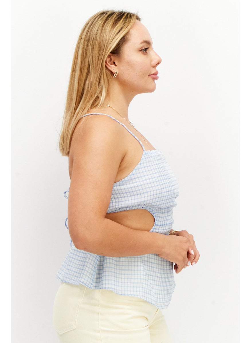 SkyLar Rose - Women Square Neck Spaghetti Sleeve Gingham Pattern Top, White - Image 1