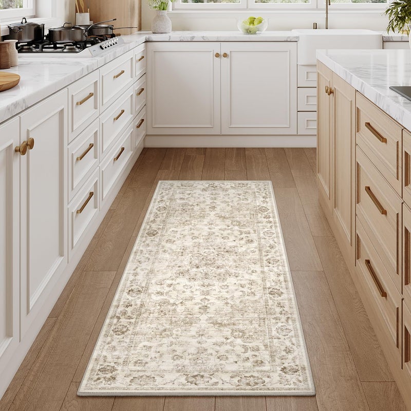 WondRg 2x6 Washable Neutral Runner Rug Beige Vintage Hallway Kitchen Carpet Non-Slip Soft Low Pile Floral Throw Rug for Bedroom Bathroom Laundry Living Room - Image 3