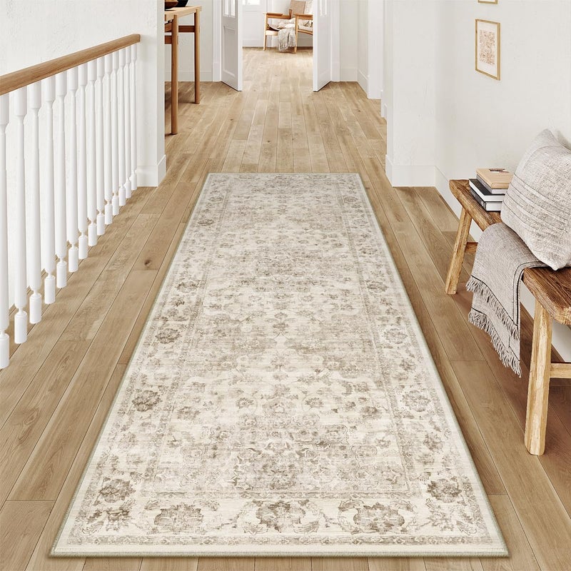 WondRg 2x6 Washable Neutral Runner Rug Beige Vintage Hallway Kitchen Carpet Non-Slip Soft Low Pile Floral Throw Rug for Bedroom Bathroom Laundry Living Room - Image 1