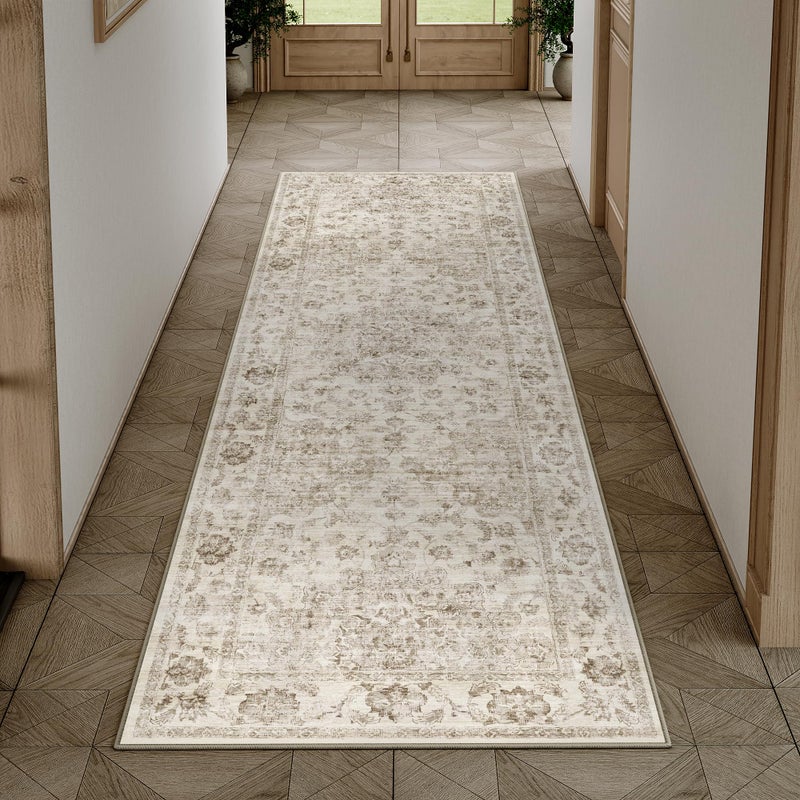 WondRg 2x6 Washable Neutral Runner Rug Beige Vintage Hallway Kitchen Carpet Non-Slip Soft Low Pile Floral Throw Rug for Bedroom Bathroom Laundry Living Room - Image 5