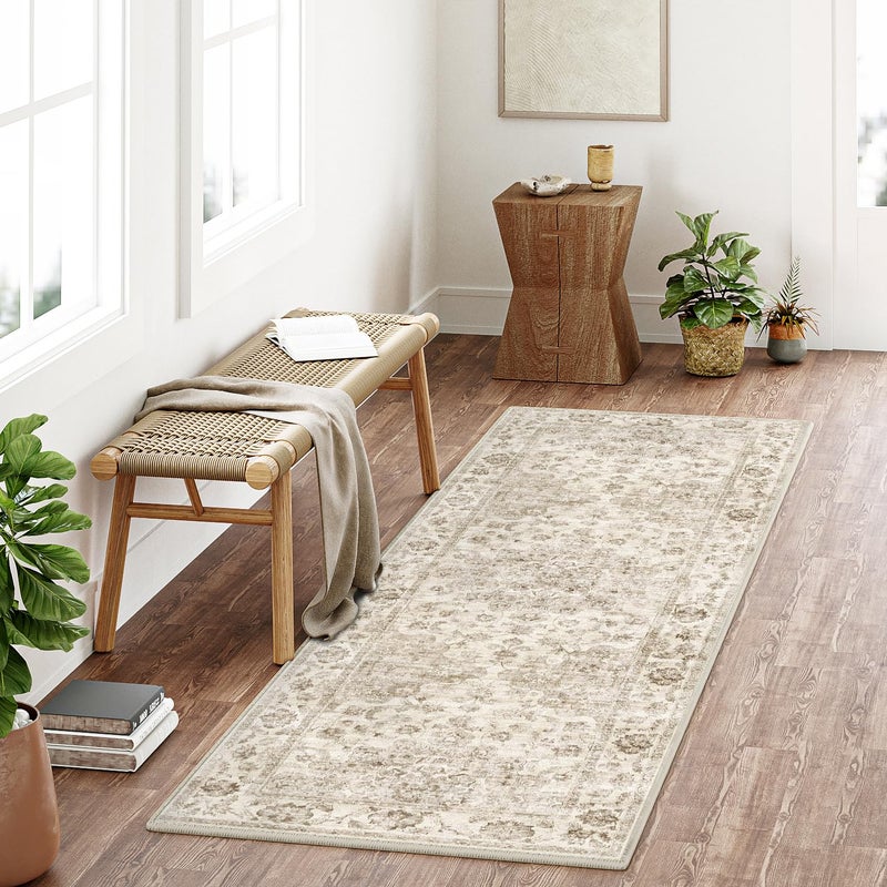 WondRg 2x6 Washable Neutral Runner Rug Beige Vintage Hallway Kitchen Carpet Non-Slip Soft Low Pile Floral Throw Rug for Bedroom Bathroom Laundry Living Room - Image 4
