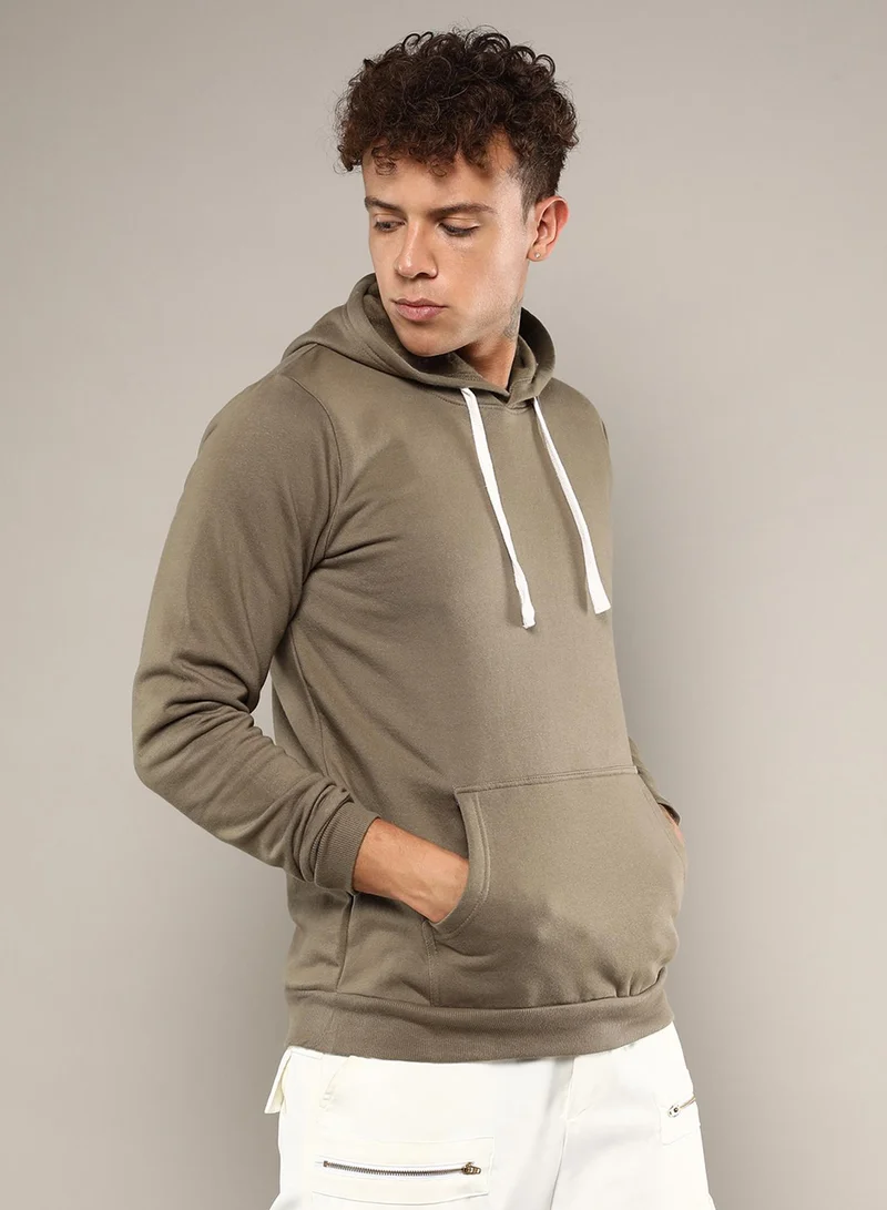 كامبوس سوترا Men's Olive Green Pullover Hoodie With Contrast Drawstring