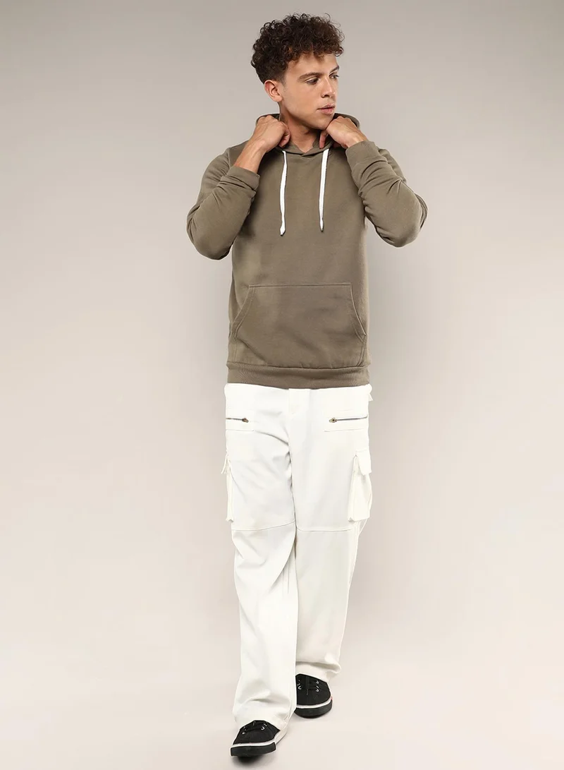 كامبوس سوترا Men's Olive Green Pullover Hoodie With Contrast Drawstring