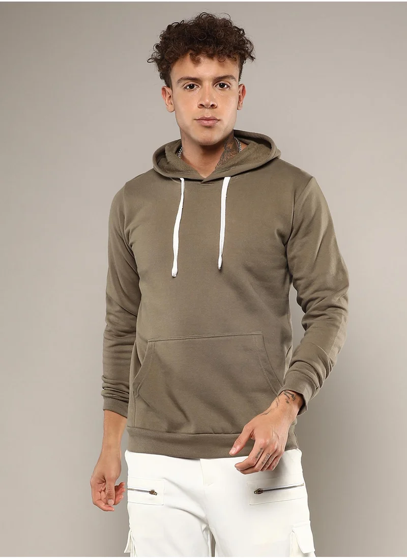 كامبوس سوترا Men's Olive Green Pullover Hoodie With Contrast Drawstring
