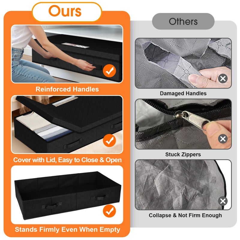 StoreHappily Under Bed Storage Containers with Lids - 2 Pack, Foldable and Stackable Clothes Storage Bags with Clear Window, 3-Sided Handles and Label Slot for Clothing, Blankets, Pillows (Black) - Image 3