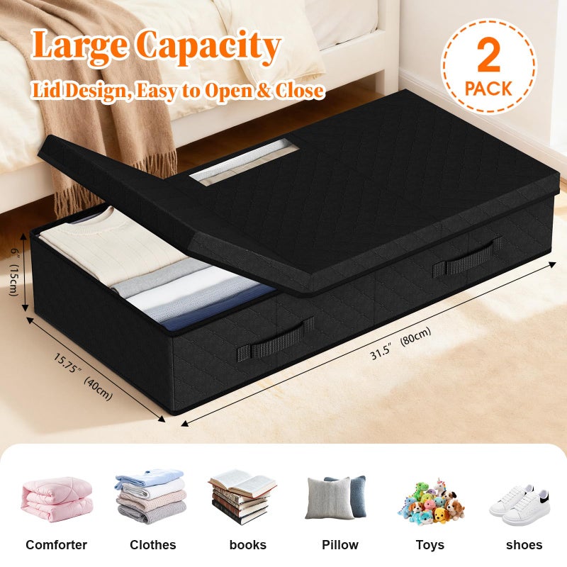 StoreHappily Under Bed Storage Containers with Lids - 2 Pack, Foldable and Stackable Clothes Storage Bags with Clear Window, 3-Sided Handles and Label Slot for Clothing, Blankets, Pillows (Black) - Image 2