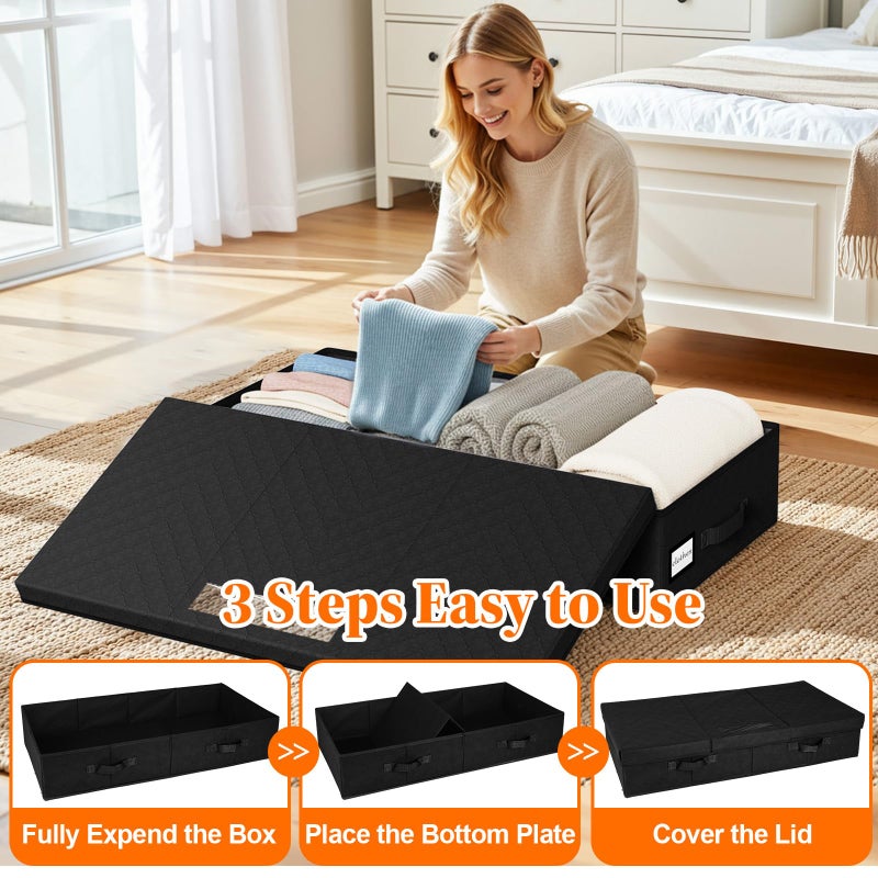 StoreHappily Under Bed Storage Containers with Lids - 2 Pack, Foldable and Stackable Clothes Storage Bags with Clear Window, 3-Sided Handles and Label Slot for Clothing, Blankets, Pillows (Black) - Image 5