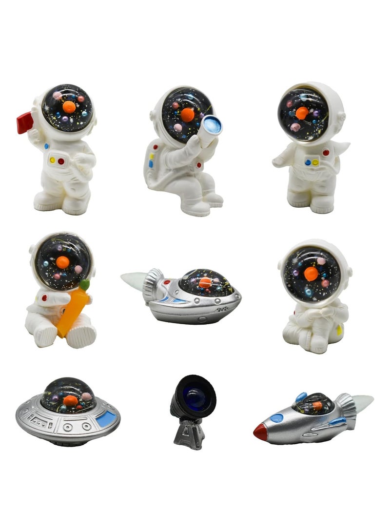 SYOSI 9PCS Miniature Astronaut and Rocket Figurines, Mini Spaceman and UFO Playset Resin Cake Toppers, for DIY Shelf Tabletop Diorama Craft Decoration, Miniature Astronaut Toys, Home Spaceman Statues - Image 1