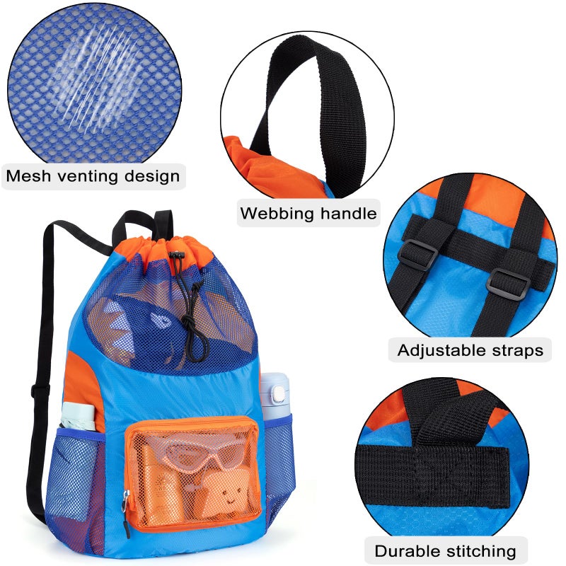 Veious Swim Bag for Kids Mesh Beach Backpack for Boys Lightweight Drawstring Beach Bag Swimming Pool Sports Gym String Bag (Blue) - Image 5