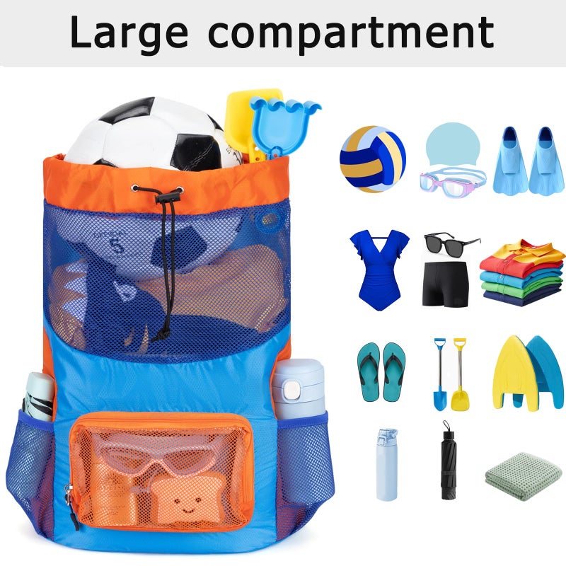 Veious Swim Bag for Kids Mesh Beach Backpack for Boys Lightweight Drawstring Beach Bag Swimming Pool Sports Gym String Bag (Blue) - Image 2