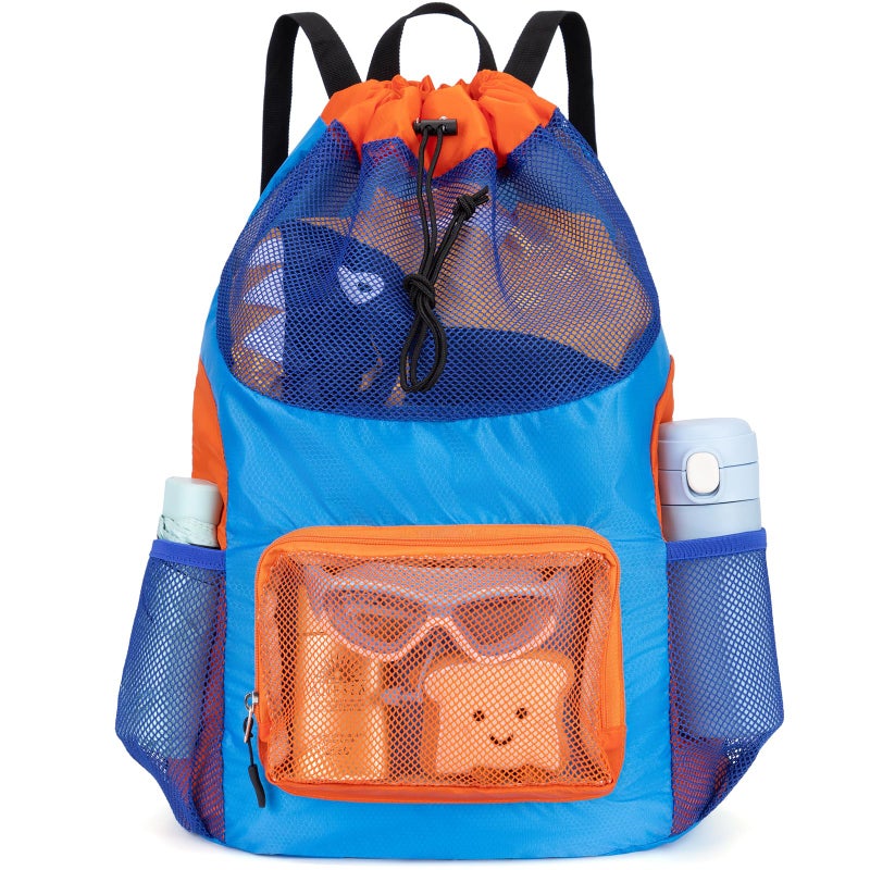 Veious Swim Bag for Kids Mesh Beach Backpack for Boys Lightweight Drawstring Beach Bag Swimming Pool Sports Gym String Bag (Blue) - Image 1