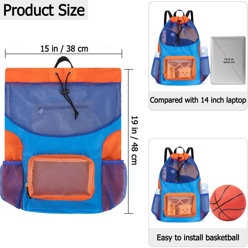 Veious Swim Bag for Kids Mesh Beach Backpack for Boys Lightweight Drawstring Beach Bag Swimming Pool Sports Gym String Bag (Blue) - Image 3