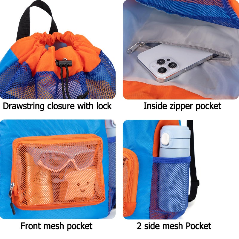 Veious Swim Bag for Kids Mesh Beach Backpack for Boys Lightweight Drawstring Beach Bag Swimming Pool Sports Gym String Bag (Blue) - Image 4