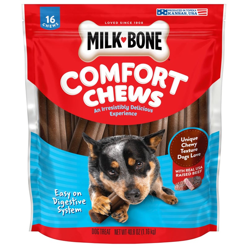 Milk-Bone Comfort Chews, Rawhide Free Dog Treats with Unique Chewy Texture and Real Beef, 16 Chews, Easy on Digestive System - Image 1