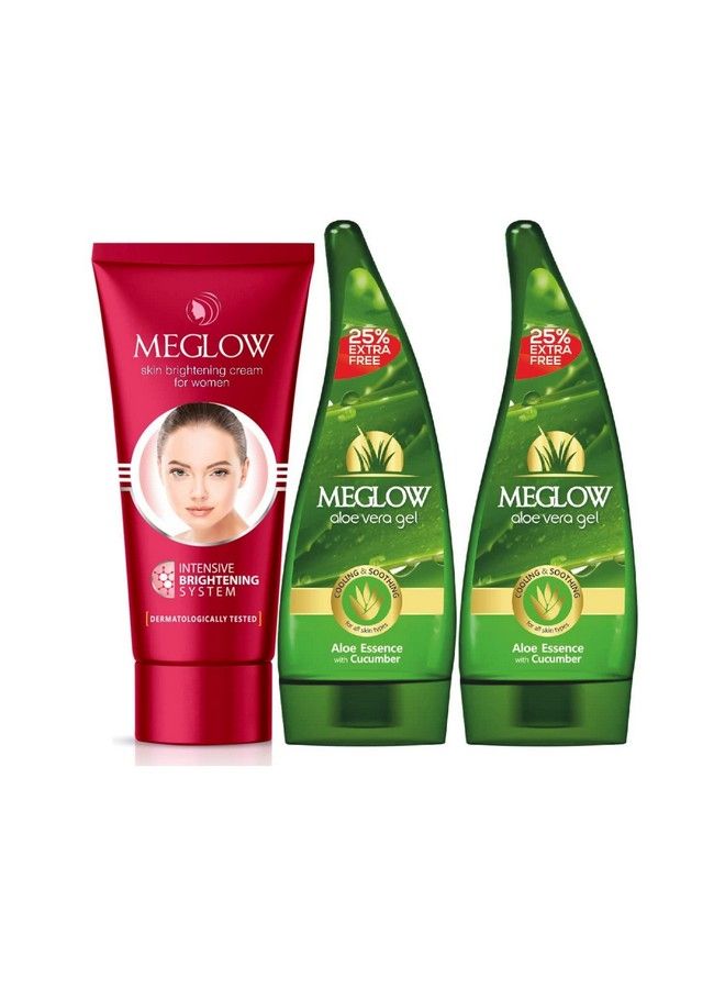 MEGLOW Skincare Combo Pack Of 3Aloevera Gel(2)125Ml Each With Aloevera And Cucumber Extracts;Fairness Cream For Women (50G) Enriched With Vitamin E;Paraben Freefor Nourishing & Soothing - Image 2
