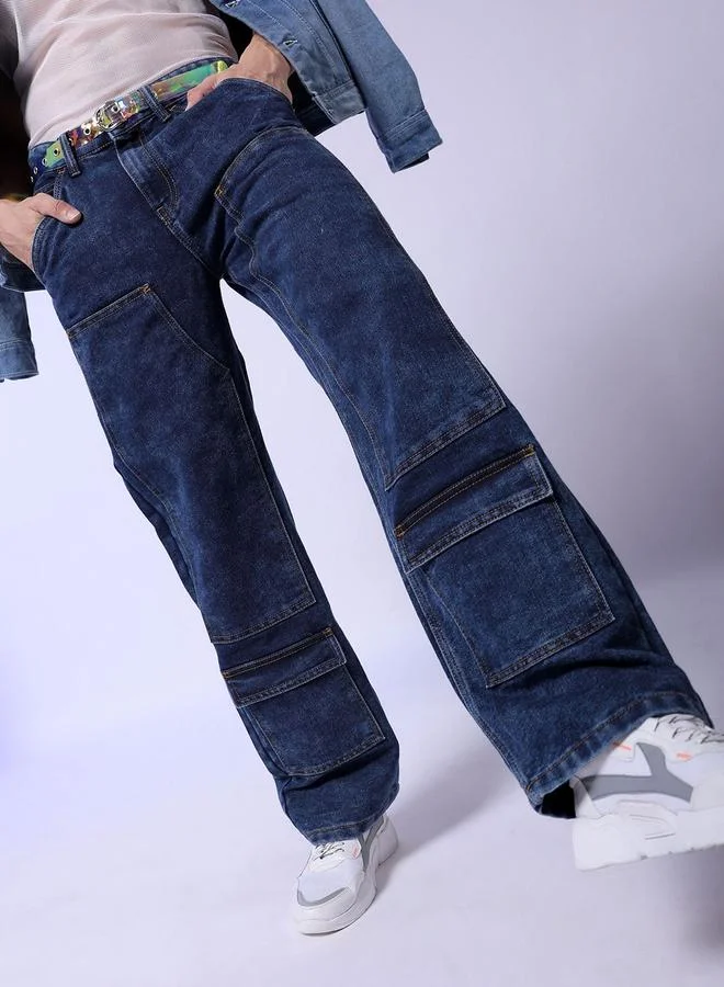 The Indian Garage Co Men Dark Wash Baggy Cargo Jeans