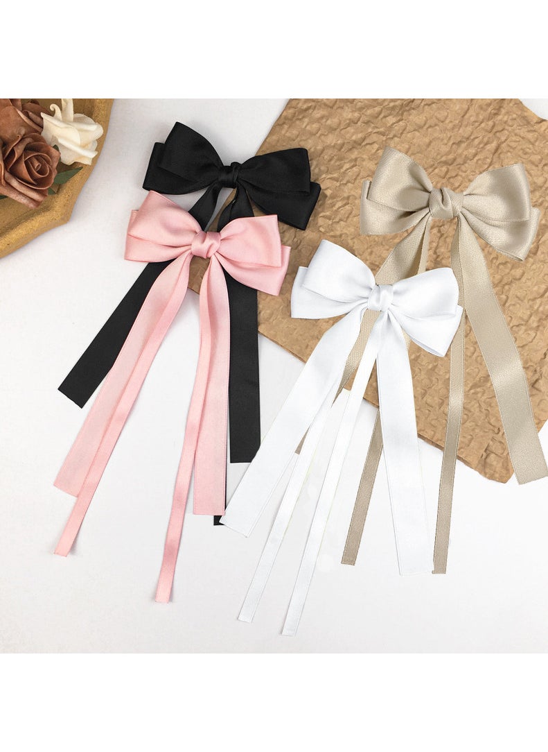 FASHION HOME 4PCS Silky Satin Hair Bows Clip Ribbon Pony tail Holder Accessories Slides Metal Clips  - Image 2