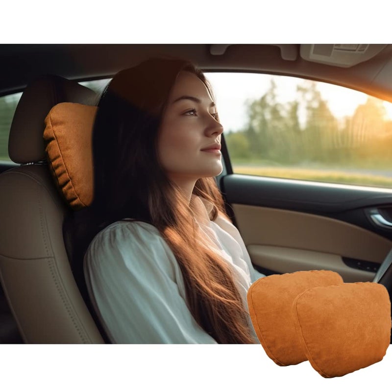 POKSRI Car Neck Pillow for headrests Superfiber Suede Support Head PillowsPlantBased Polyester118x75 refillableMultipleAdjustable Drive Vehicle Cushion SeatsOrange BrownNeck Pillow 2pcs
