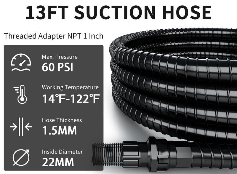 FOTING 1" Suction Hose Kit with Check Valve, PVC Water Intake Hose Set, Flexible Tubing Easy to Install for Water Pump Well Sprinkler Garden Booster Pump, All-in-One NPT 1-inch Thread Adapter, 13FT - Image 2