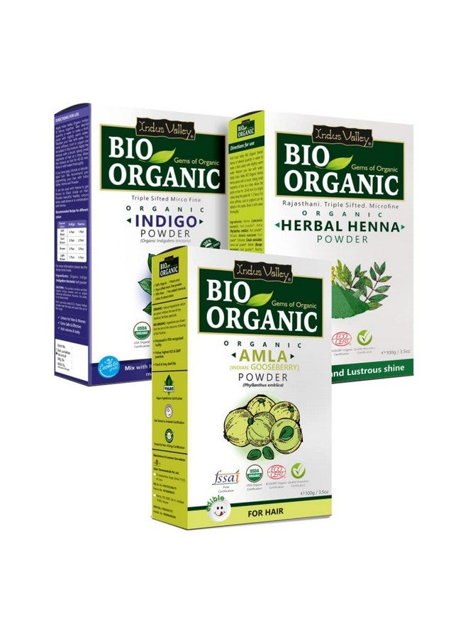 Indus Valley Bio Organic Natural And Pure Indigo Powder | Indigofera Tinctoria, Herbal Henna Powder With Amla Powder | Indian Gooseberry For Hair Care - (100G*3=300G) Combo - Image 1