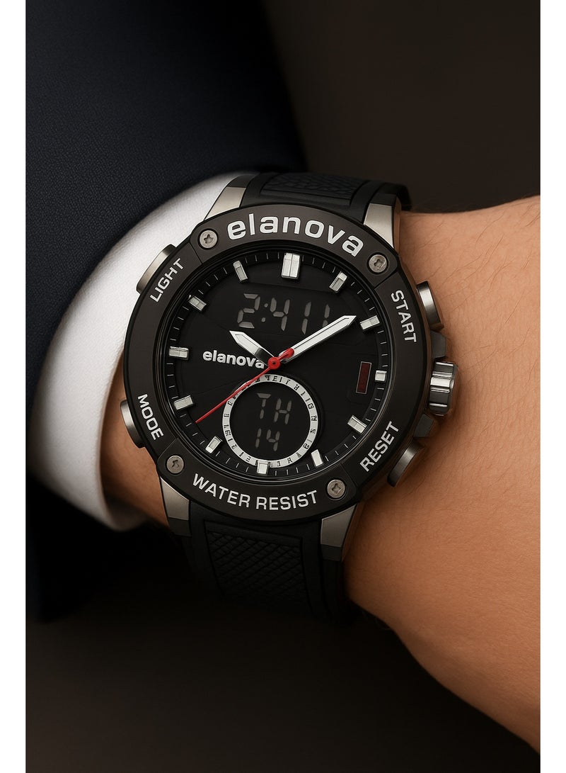 Elanova Sporty analog-digital watch with dual time feature, durable silicone strap, and 5-bar water resistance, model EL71 - Image 3