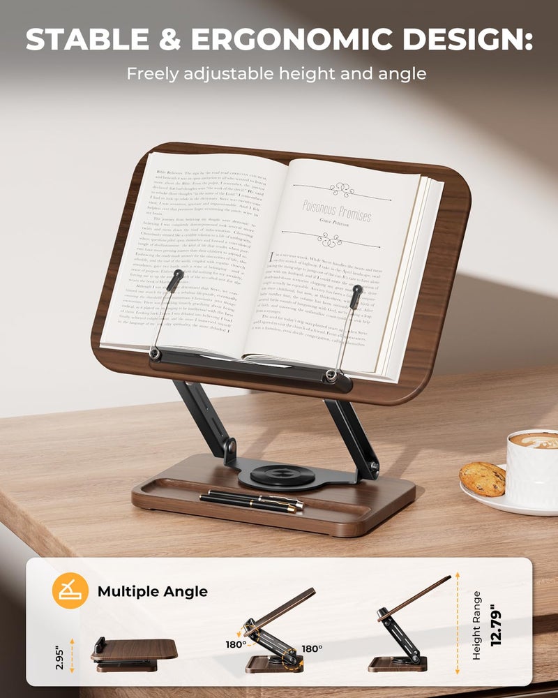 SupeDesk Adjustable Book Stand & Book Holder with 360Â° Rotation, Height Adjustable Reading Stand with Extendable Page Clips and Mini Storage â€” Premium Wooden Cookbook Holder for Thick Books, Study & Office - Image 5