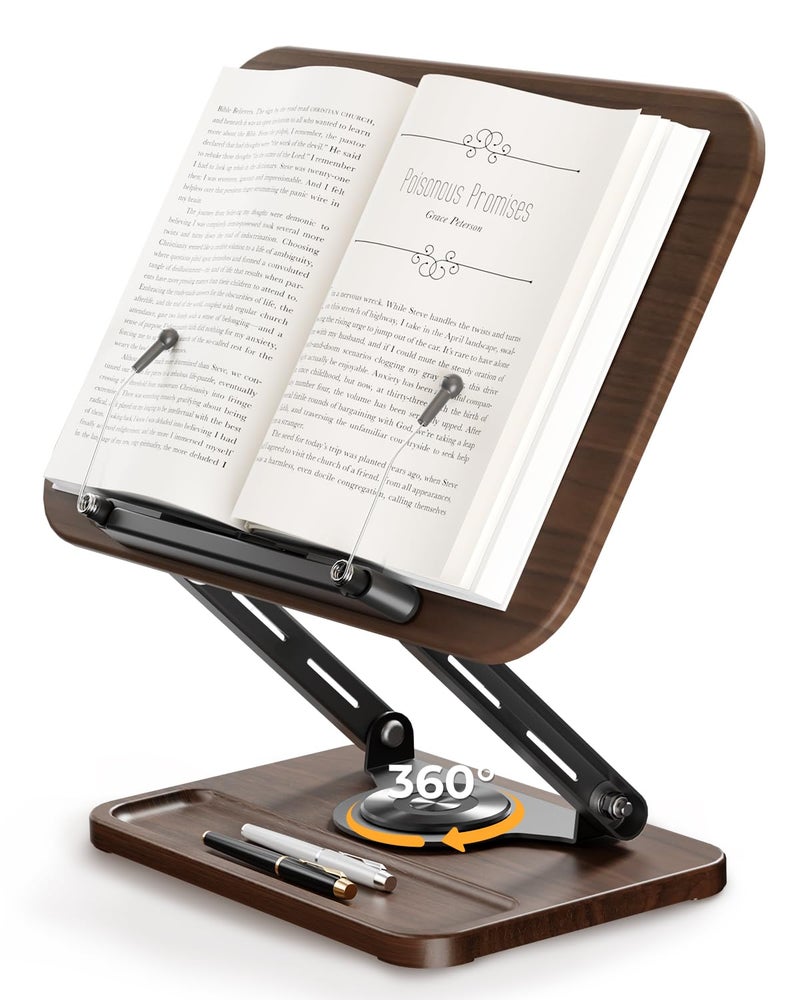 SupeDesk Adjustable Book Stand & Book Holder with 360Â° Rotation, Height Adjustable Reading Stand with Extendable Page Clips and Mini Storage â€” Premium Wooden Cookbook Holder for Thick Books, Study & Office - Image 1